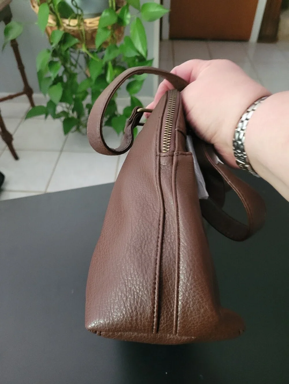 White Mountain Chocolate Brown Pebbled Leather Satchel Handbag